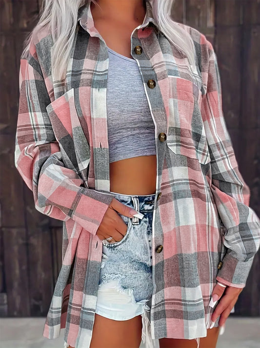 Pocketed Plaid Collared Neck Shacket