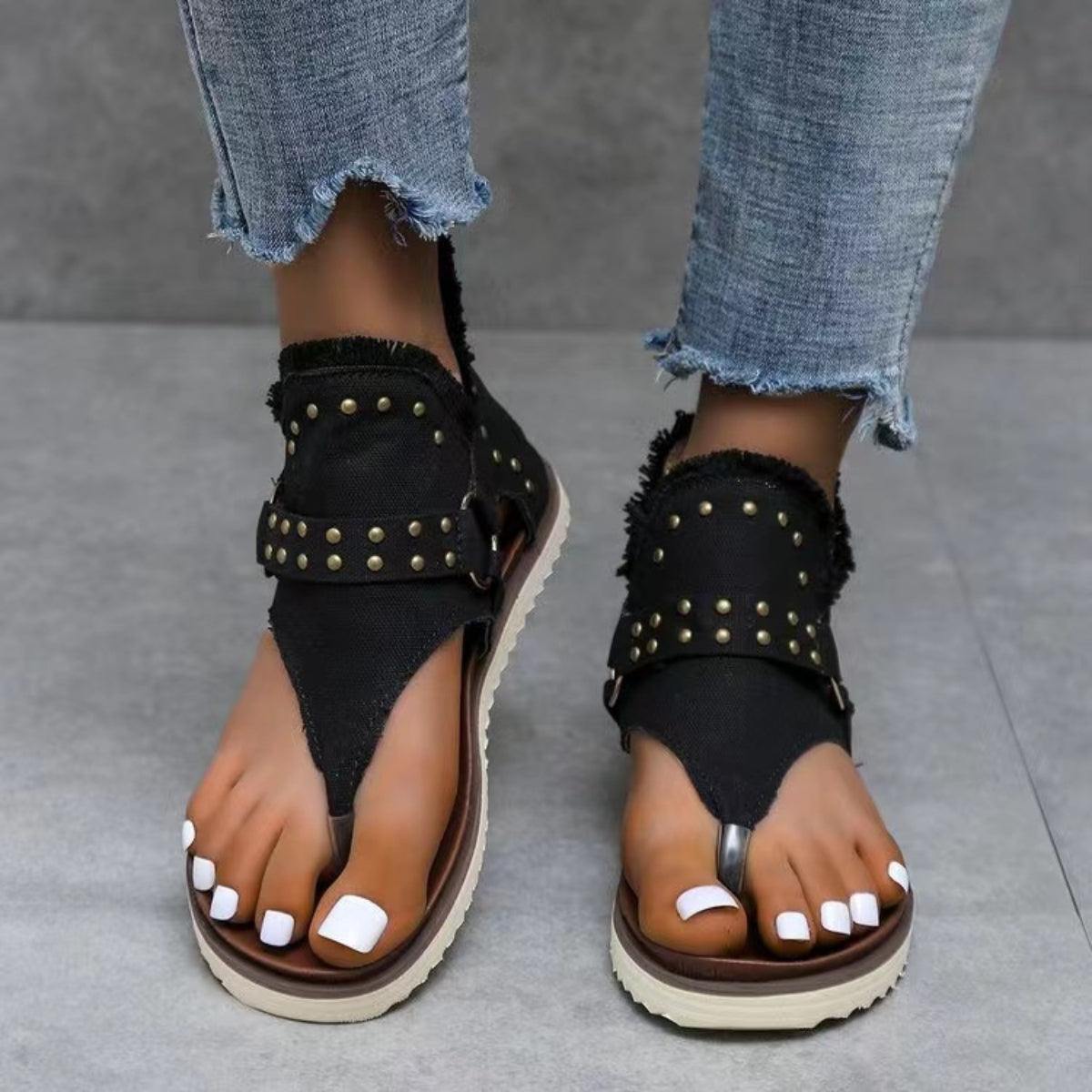 Studded Raw Hem Flat Sandals