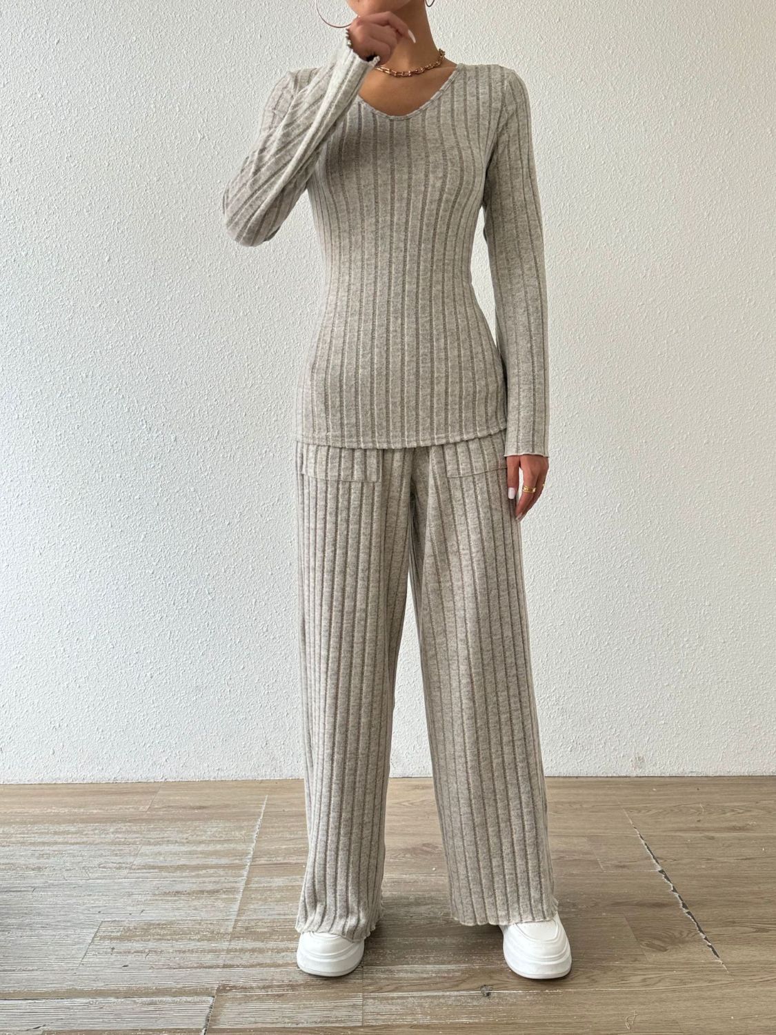 Ribbed V-Neck Long Sleeve Top and Pocketed Pants Set