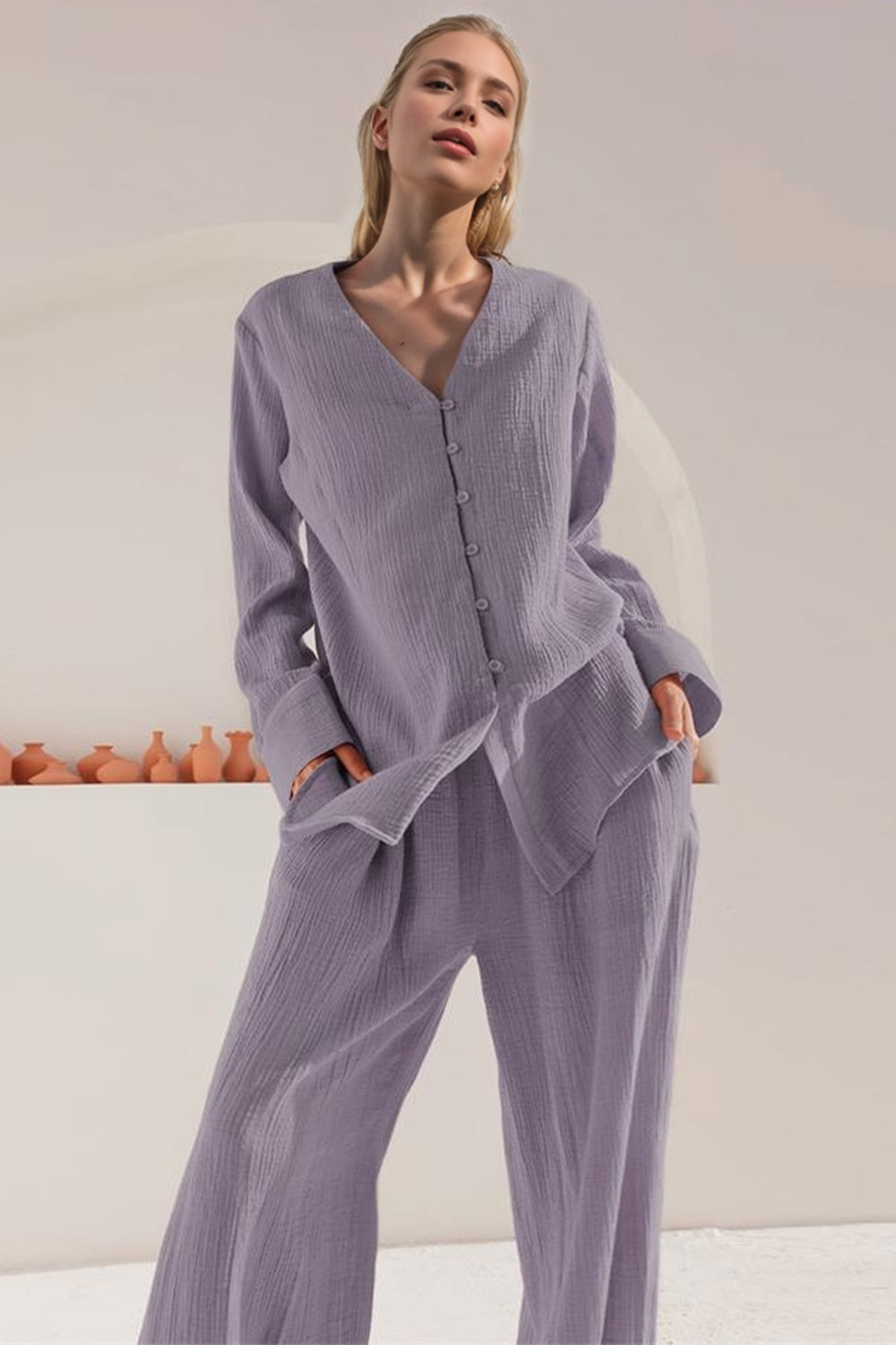 Basic Bae Buttery-Soft V-Neck Long Sleeve Top and Pants Set