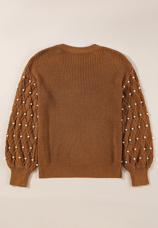 Pearl Detail Round Neck Long Sleeve Sweater