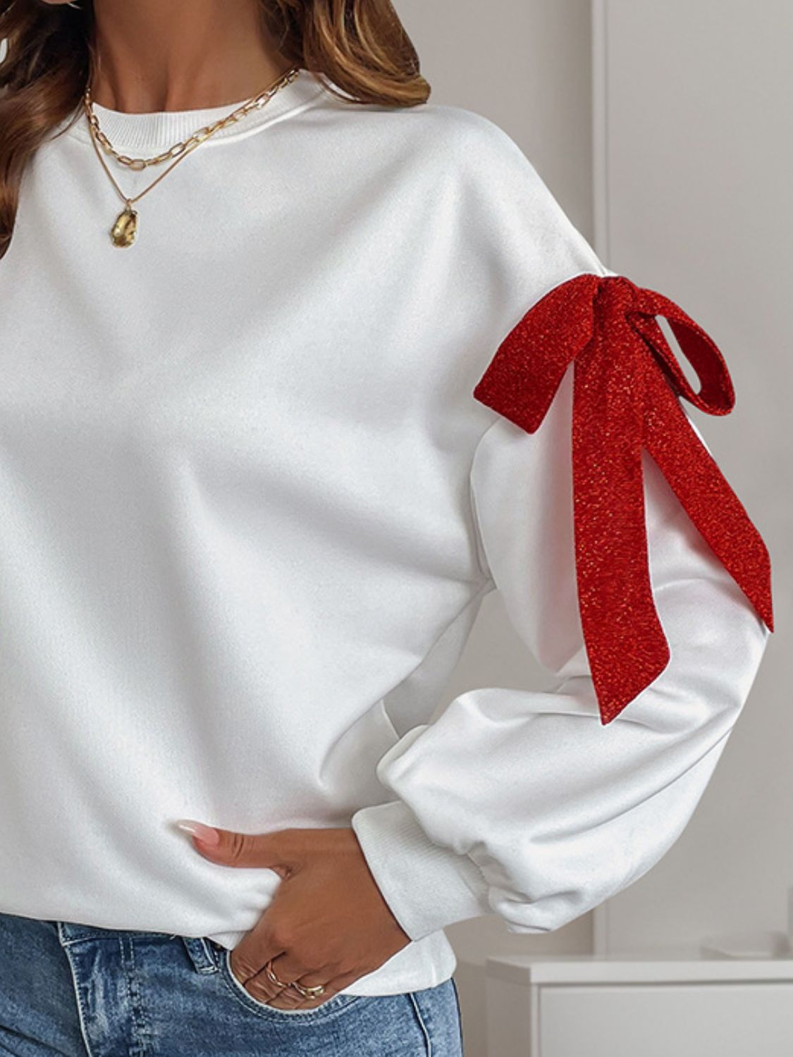 Perfee Bow Round Neck Long Sleeve Sweatshirt