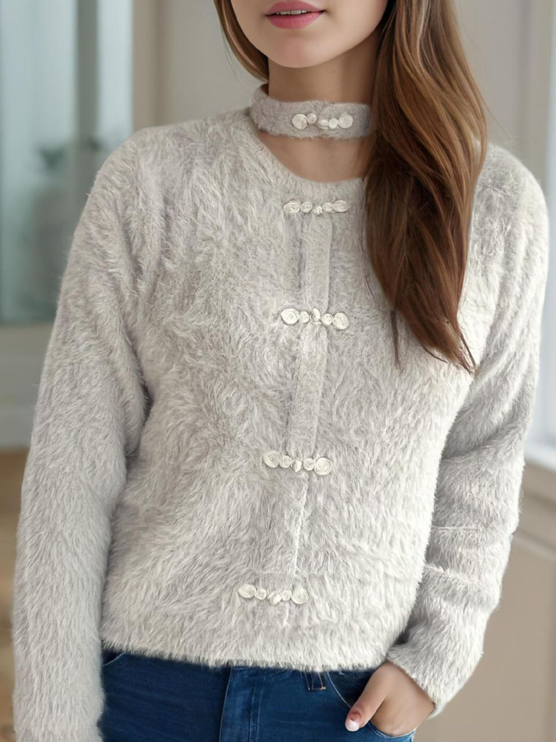 Cutout Knot Button Long Sleeve Cardigan