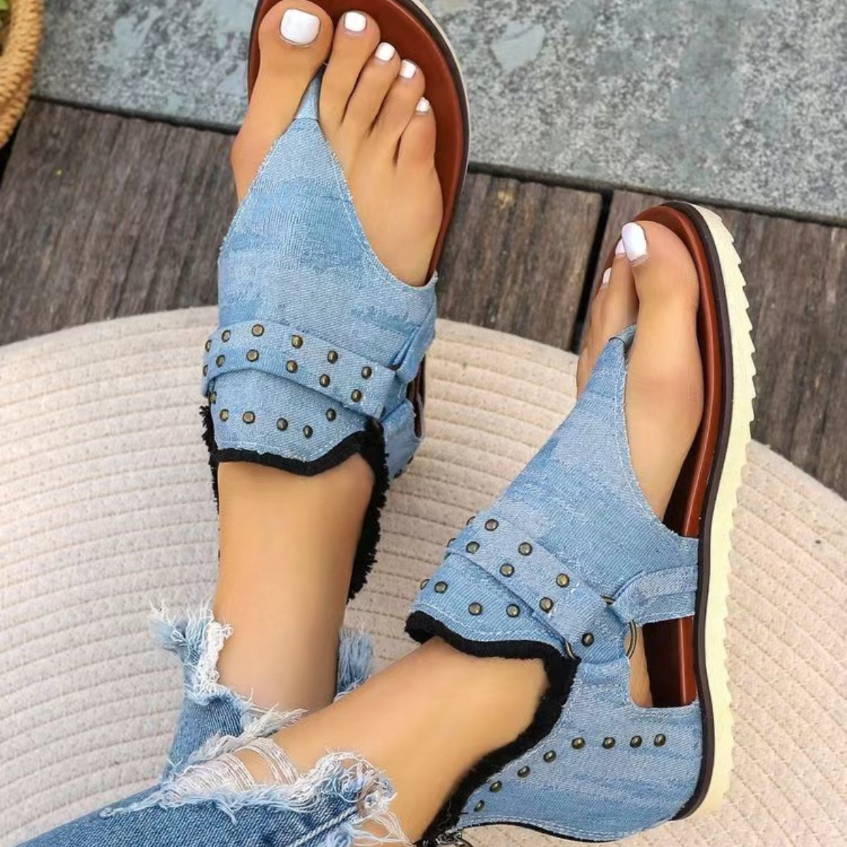 Studded Raw Hem Flat Sandals