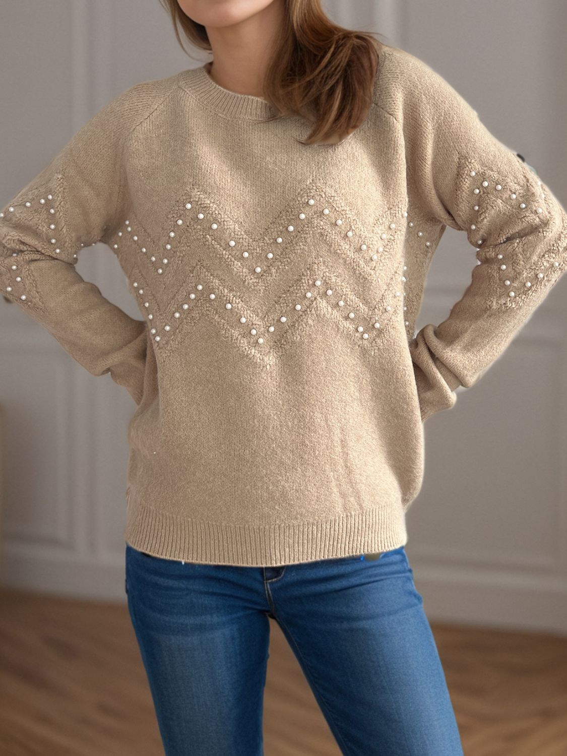 Pearl Trim Round Neck Raglan Sleeve Sweater