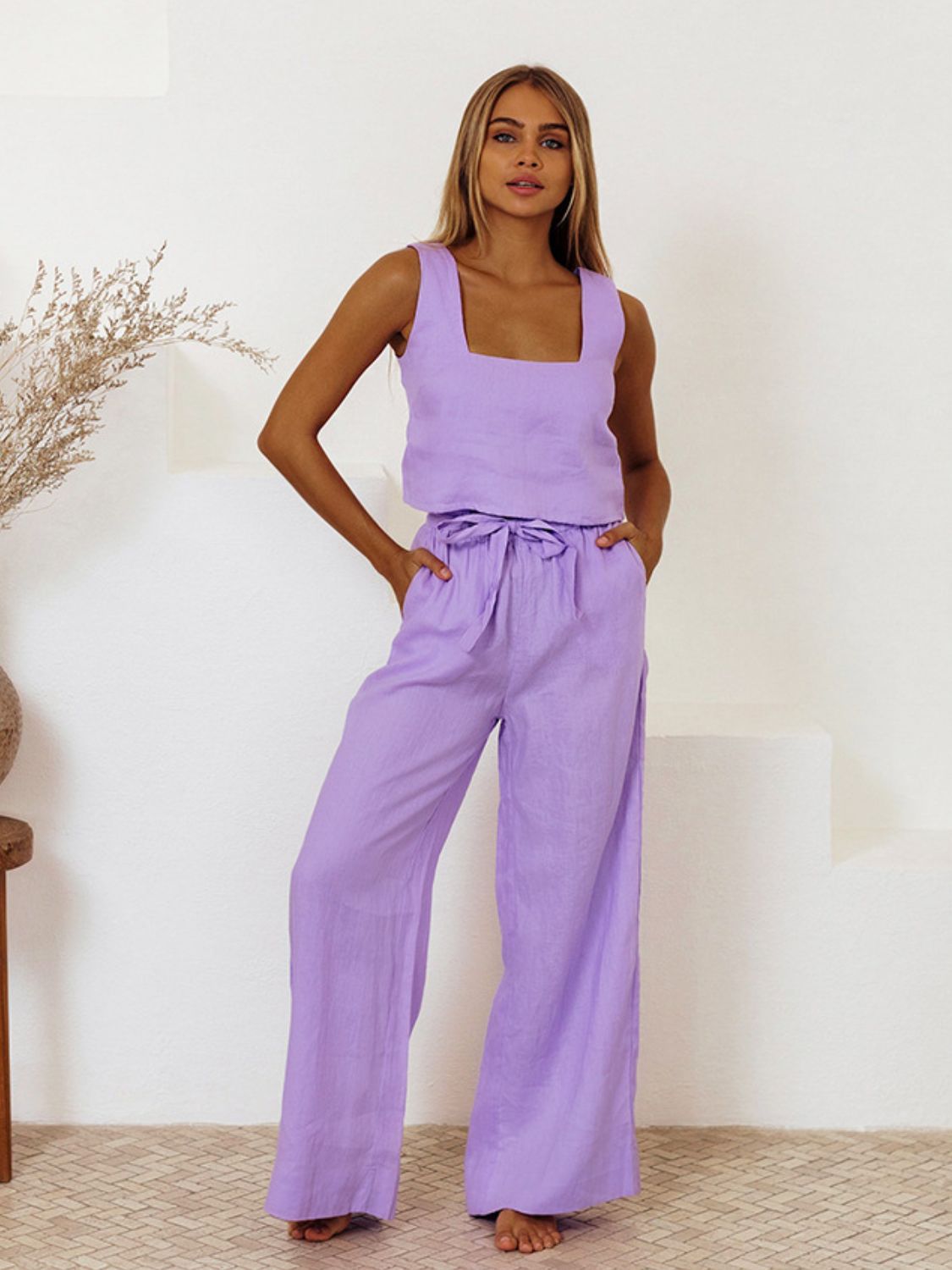 Square Neck Sleeveless Top and Pants Set