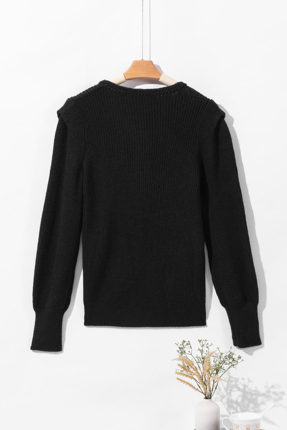 Solid Color Notched Long Sleeve Sweater