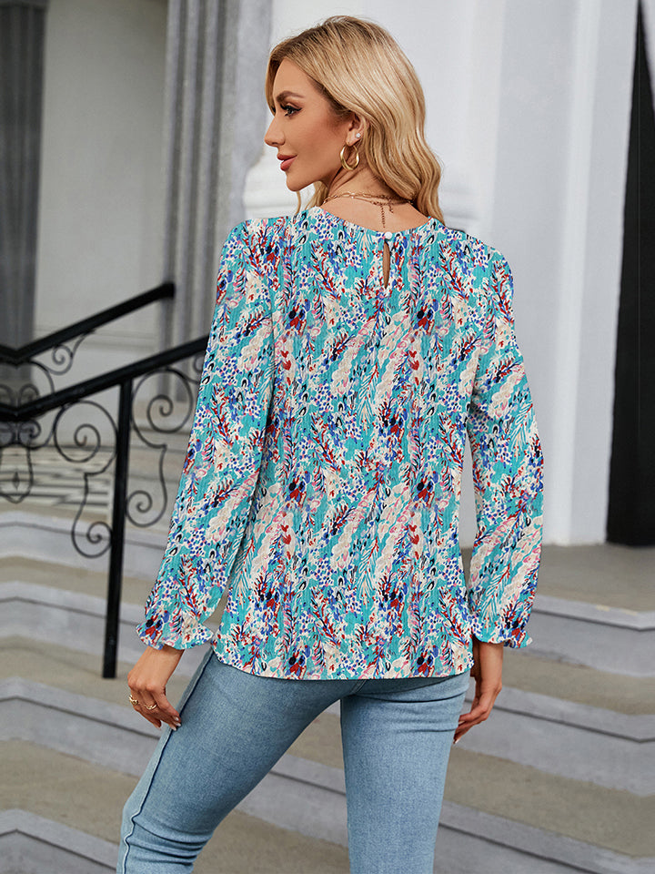 Printed Round Neck Flounce Sleeve Blouse