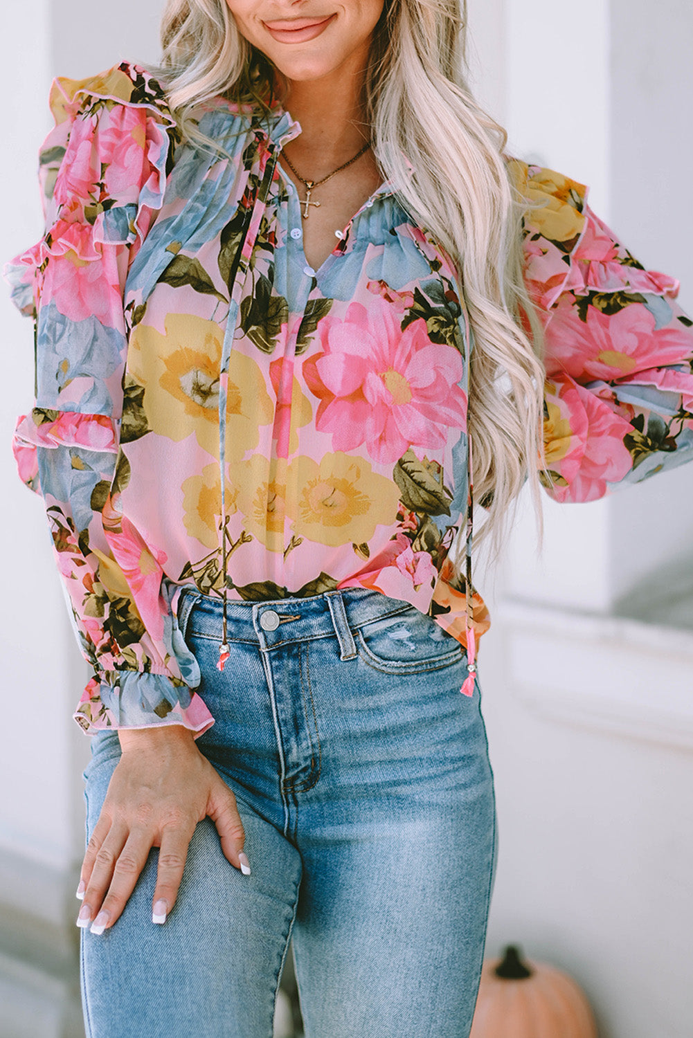 Ruffled Printed Tie Neck Flounce Sleeve Blouse