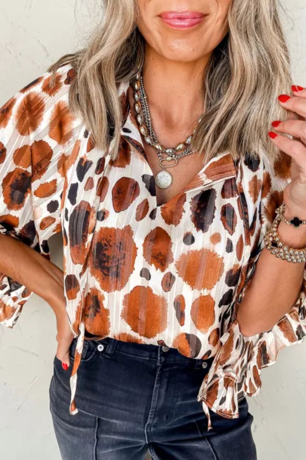 Printed Tie Neck Three-Quarter Sleeve Blouse