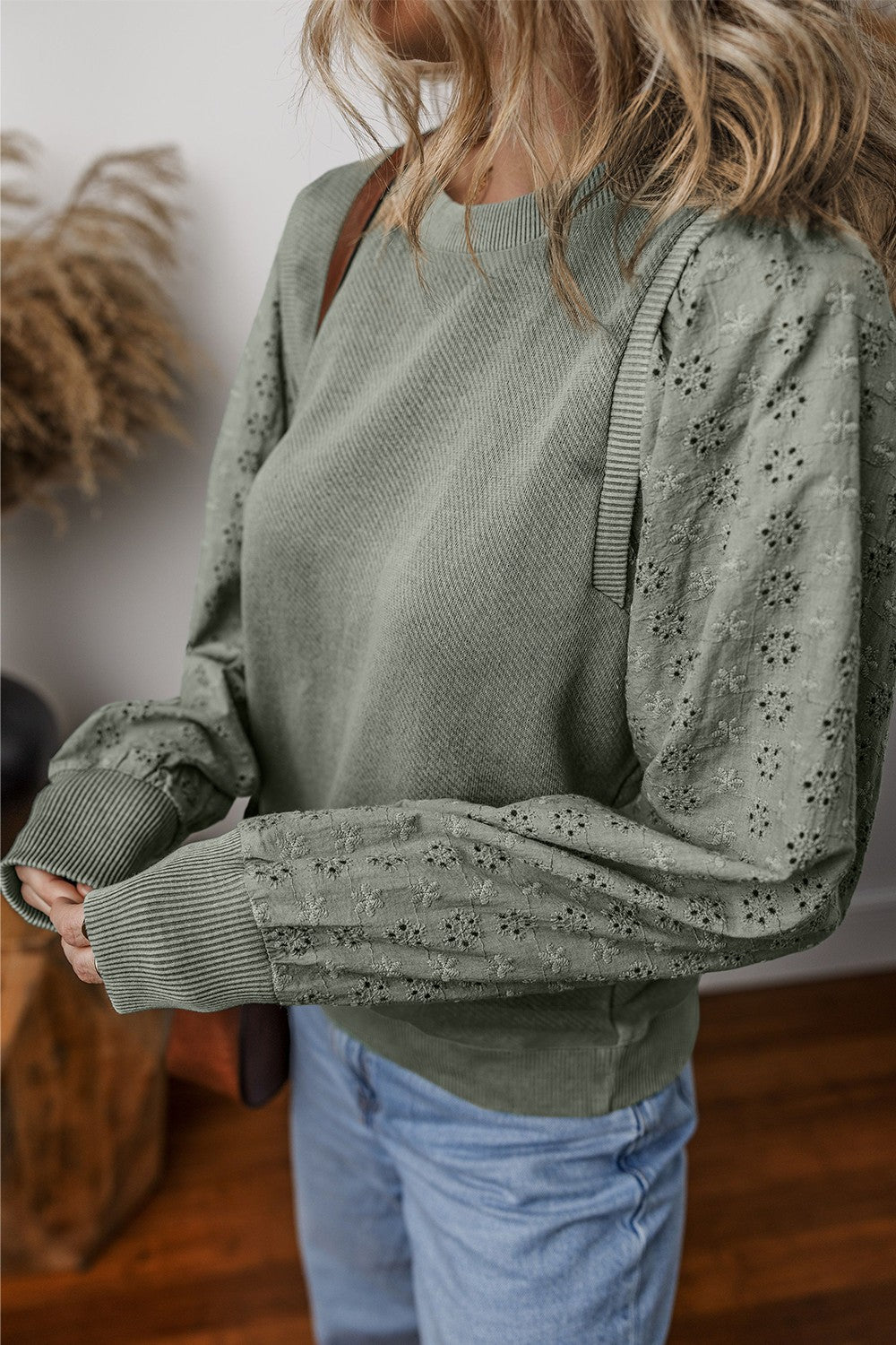 Eyelet Round Neck Long Sleeve Sweatshirt