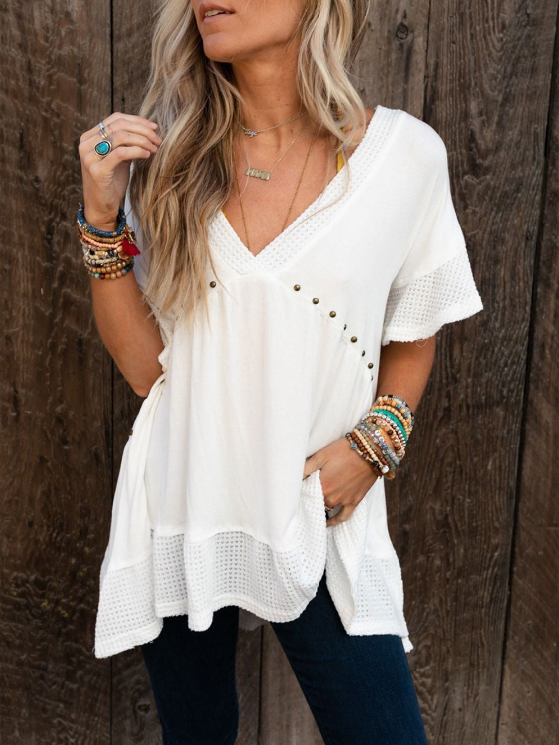 Studded V-Neck Half Sleeve Top