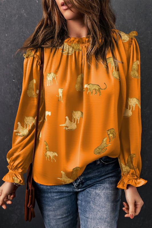 Frill Animal Flounce Sleeve Blouse