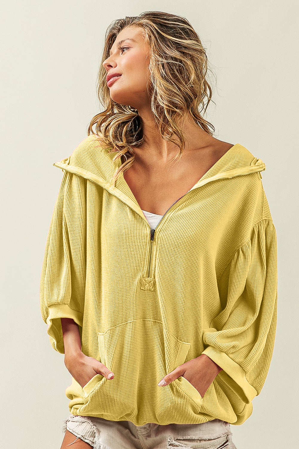 BiBi Waffle-Knit Half Zip Hooded Top