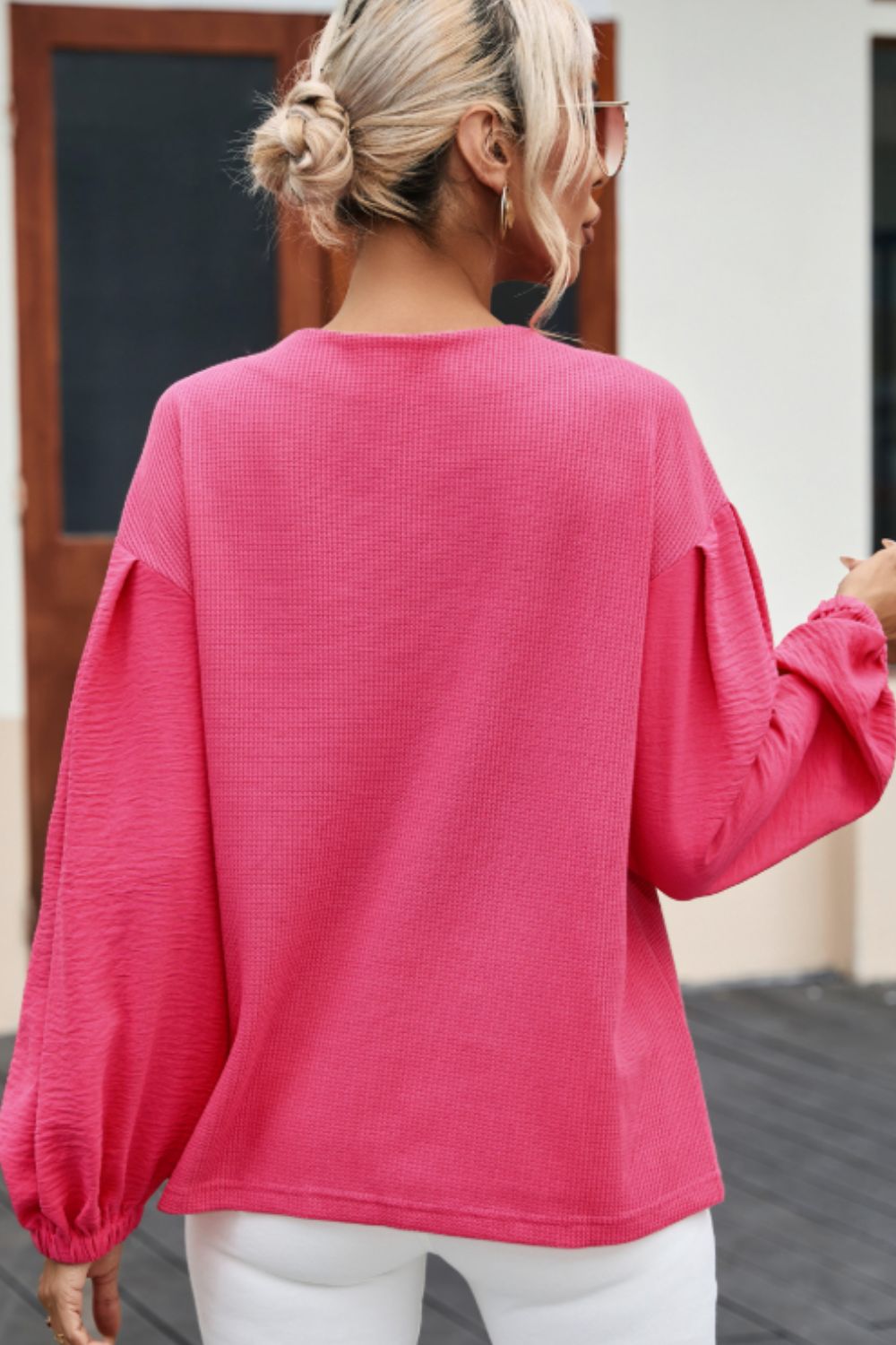 Waffle-Knit V-Neck Long Sleeve Blouse