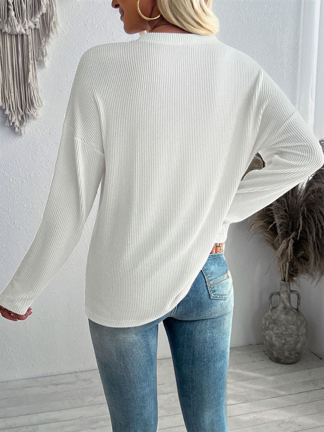 Double Take Pocketed Textured V-Neck Long Sleeve T-Shirt