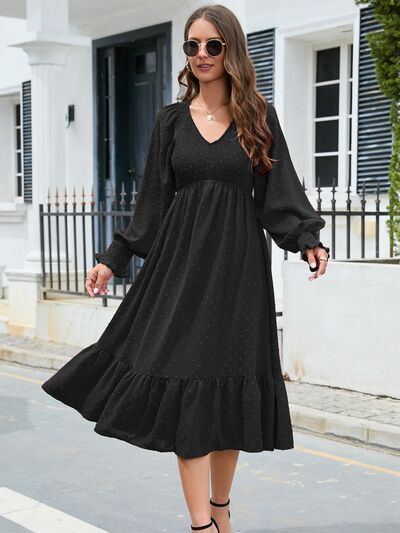 Swiss Dot V-Neck Smocked Lantern Sleeve Ruffle Hem Dress