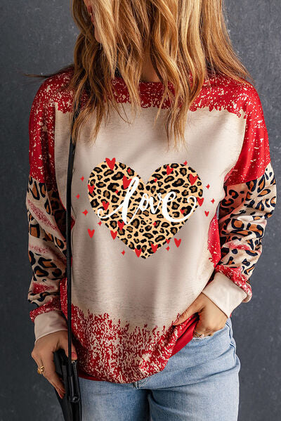 LOVE Heart Leopard Round Neck Sweatshirt