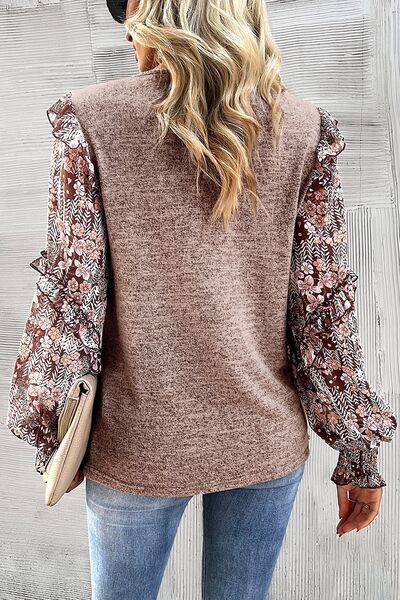 Heathered Floral Frill Lantern Sleeve Blouse