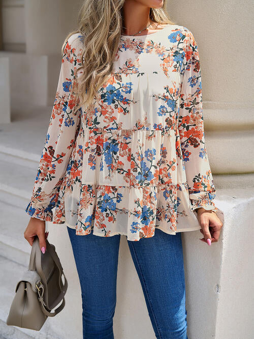 Printed Flounce Sleeve Tiered Blouse