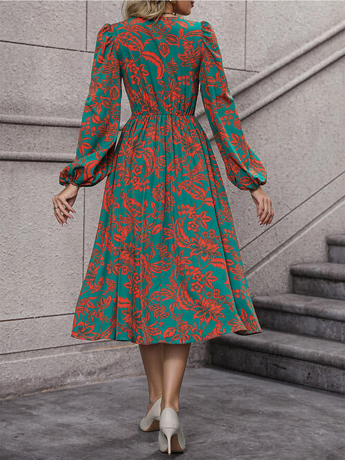 Printed Smocked V-Neck Balloon Sleeve Dress