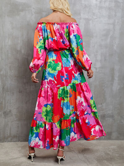 Printed Off-Shoulder Balloon Sleeve Tiered Dress