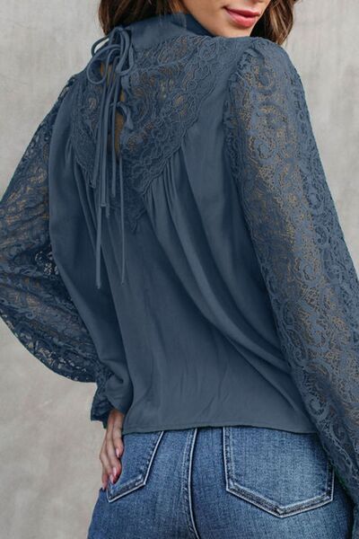 Lace Detail Mock Neck Flounce Sleeve Blouse