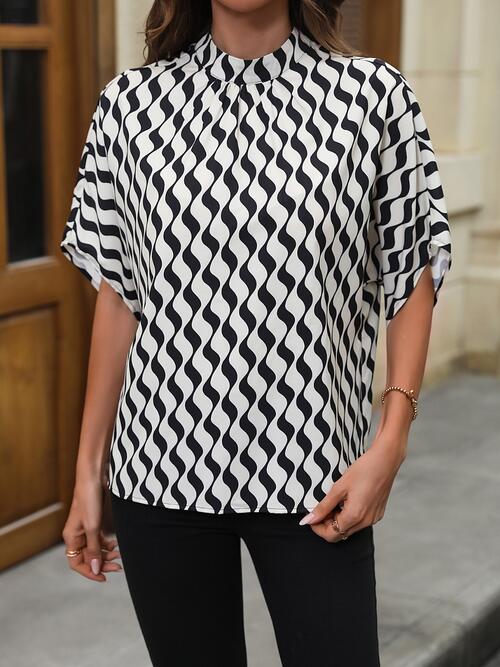 Printed Mock Neck Tie Back Short Sleeve Blouse