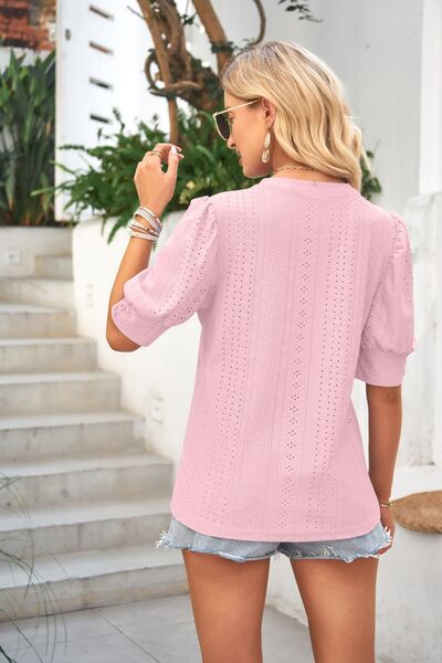 Openwork Round Neck Short Sleeve Blouse