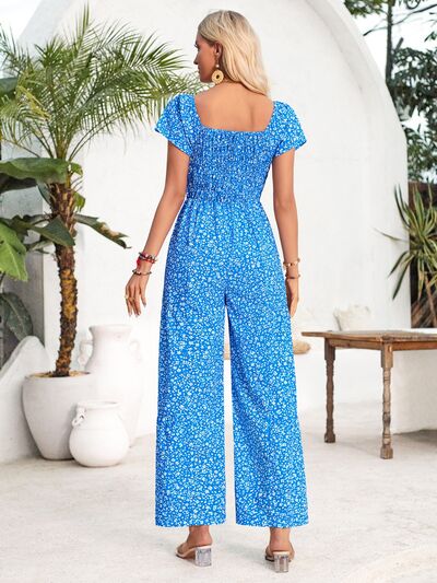 Smocked Printed Short Sleeve Jumpsuit