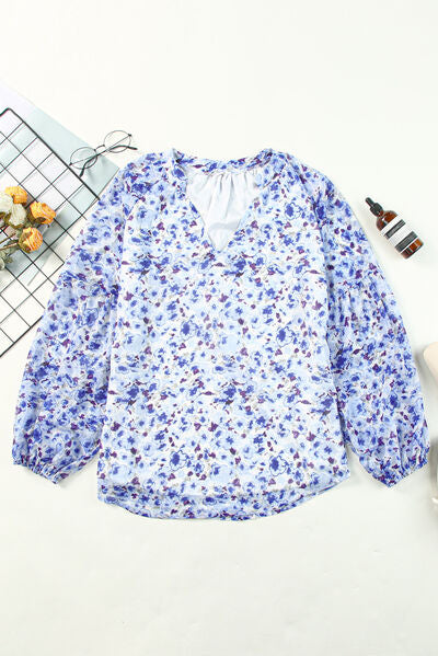 Floral Notched Balloon Sleeve Blouse