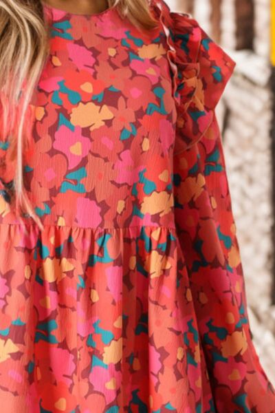 Printed Ruffle Trim Balloon Sleeve Tiered Dress