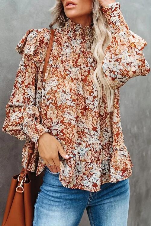 Floral Smocked Lantern Sleeve Ruffled Blouse