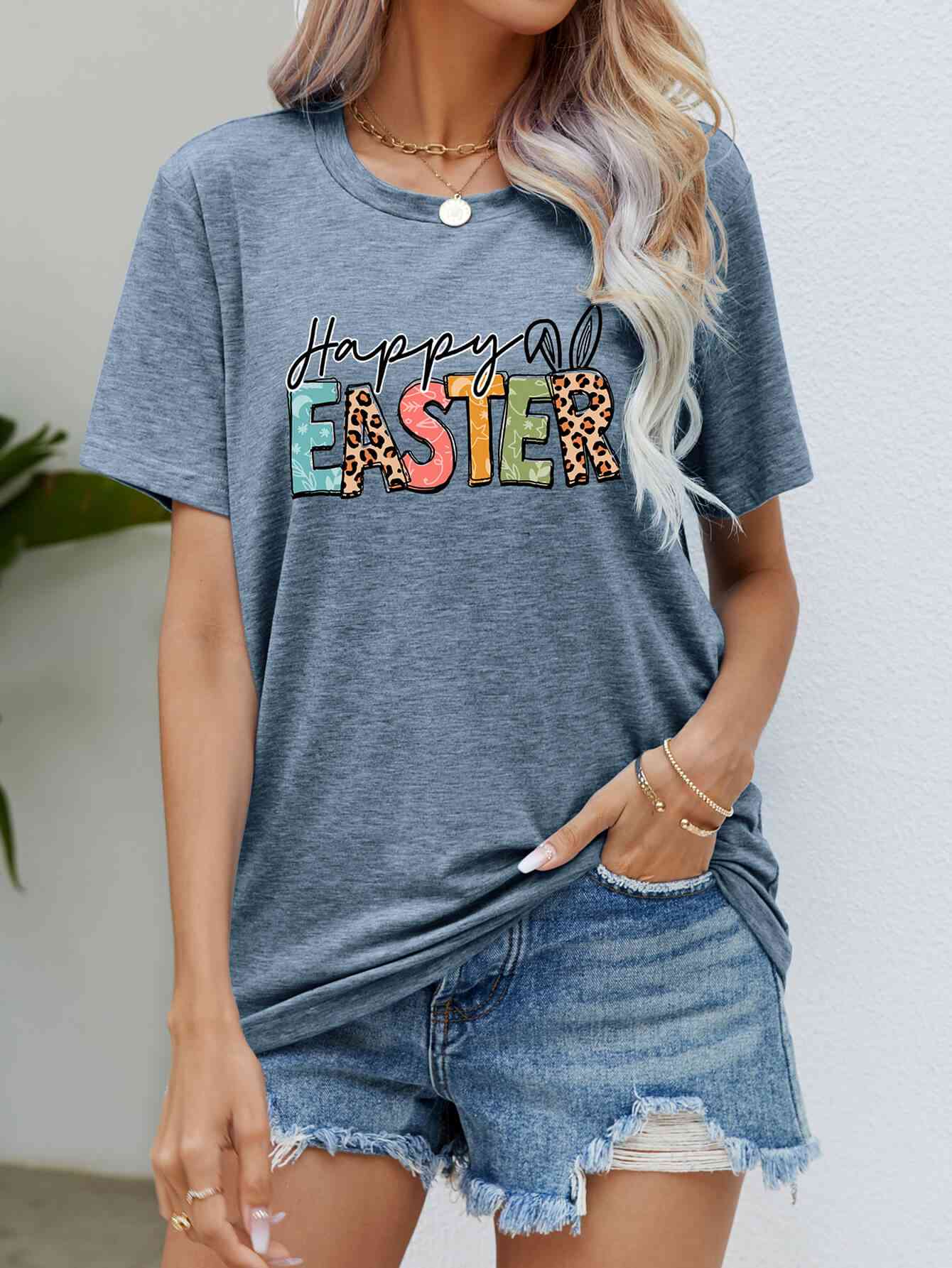 HAPPY EASTER Graphic Round Neck Tee Shirt