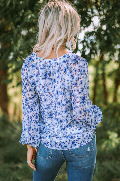 Floral Notched Balloon Sleeve Blouse