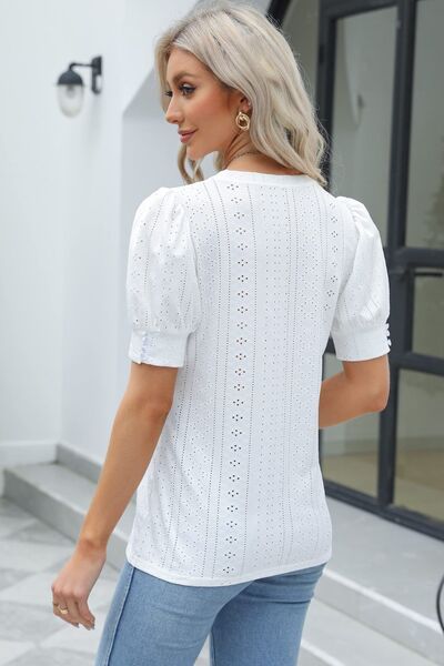 Openwork Round Neck Short Sleeve Blouse