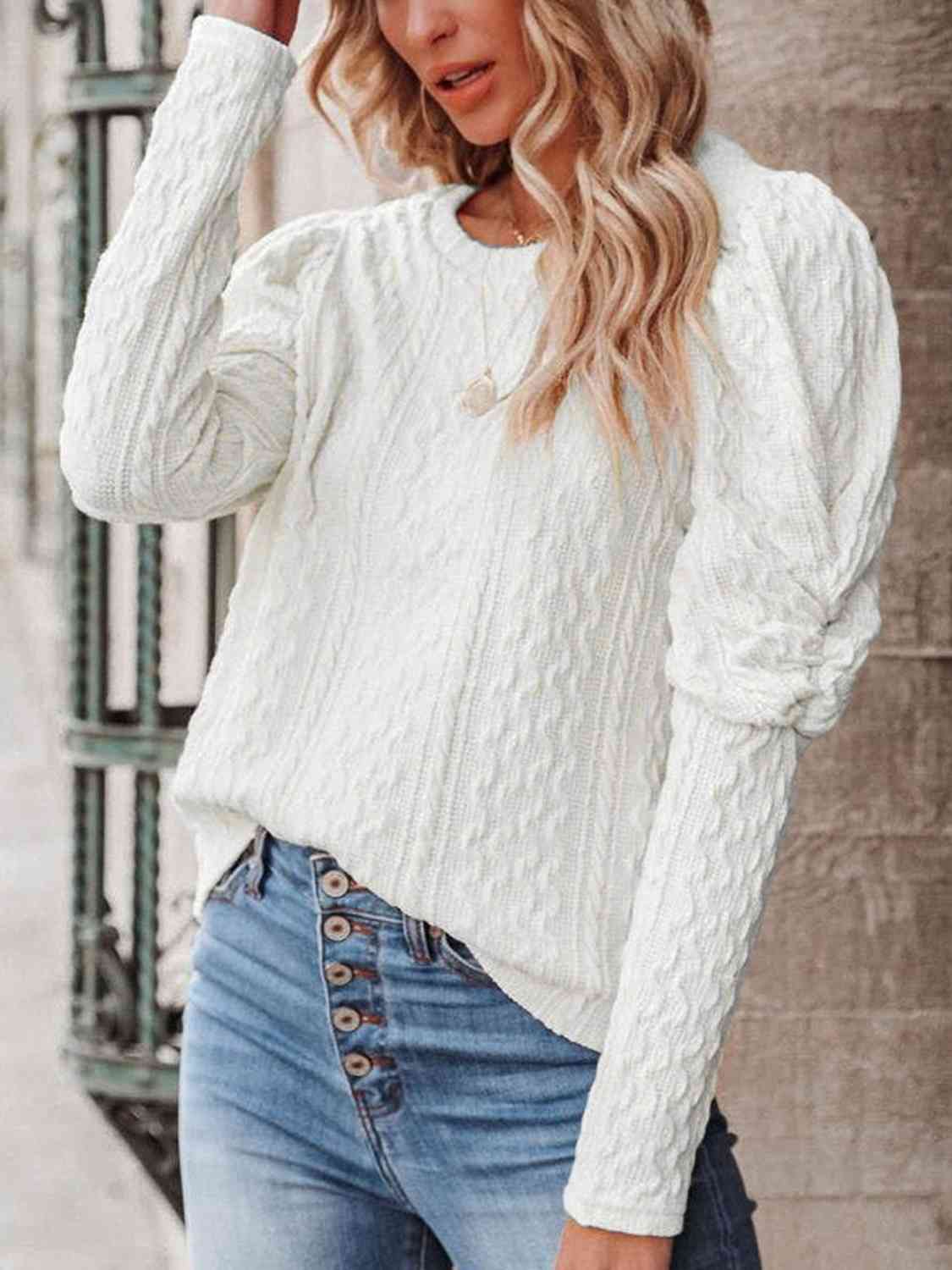 Round Neck Puff Sleeve Knit Top