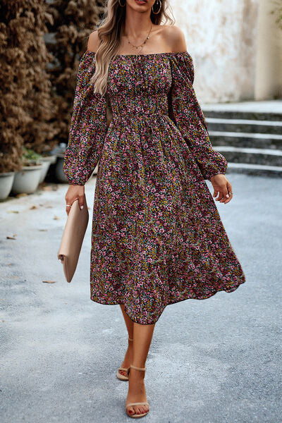 Printed Balloon Sleeve Pocketed Midi Dress