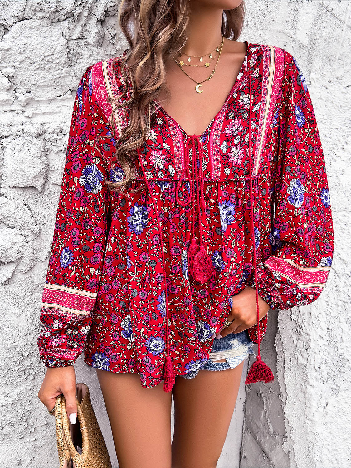 Printed Tie Neck Long Sleeve Blouse