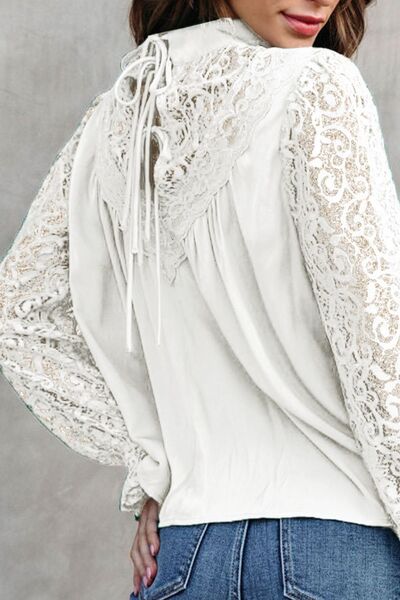 Lace Detail Mock Neck Flounce Sleeve Blouse