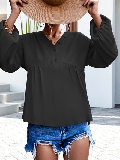 V-Neck Buttoned Balloon Sleeve Blouse