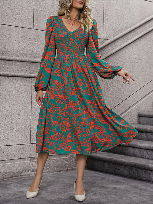 Printed Smocked V-Neck Balloon Sleeve Dress